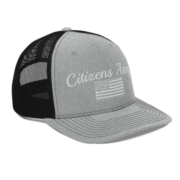 A grey and black 112 Snap Back Trucker Cap Citizens Army w/ Flag (White Font) with the words citizens army on it.