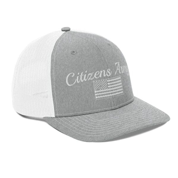 A 112 Snap Back Trucker Cap Citizens Army w/ Flag (White Font) hat with the words citizens army on it.