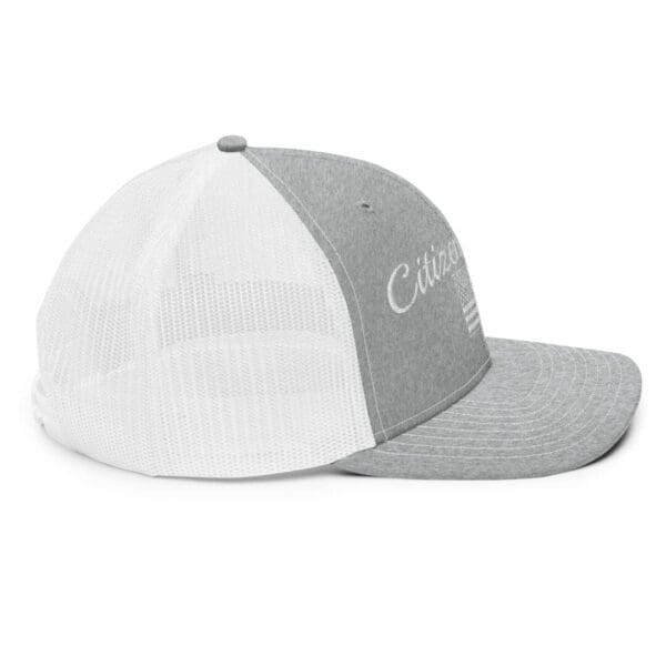 A grey and white 112 Snap Back Trucker Cap Citizens Army w/ Flag (White Font) with the word california on it.