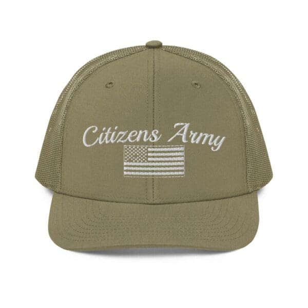 A 112 Snap Back Trucker Cap Citizens Army w/ Flag (White Font) with a flag on it.