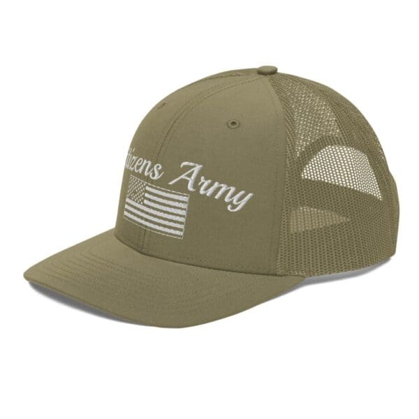 A 112 Snap Back Trucker Cap Citizens Army w/ Flag (White Font) with the word army on it.