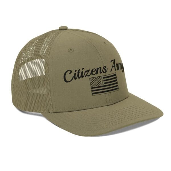 A 112 Snap Back Trucker Cap Citizens Army w/ Flag (Black Font) with a flag on it.