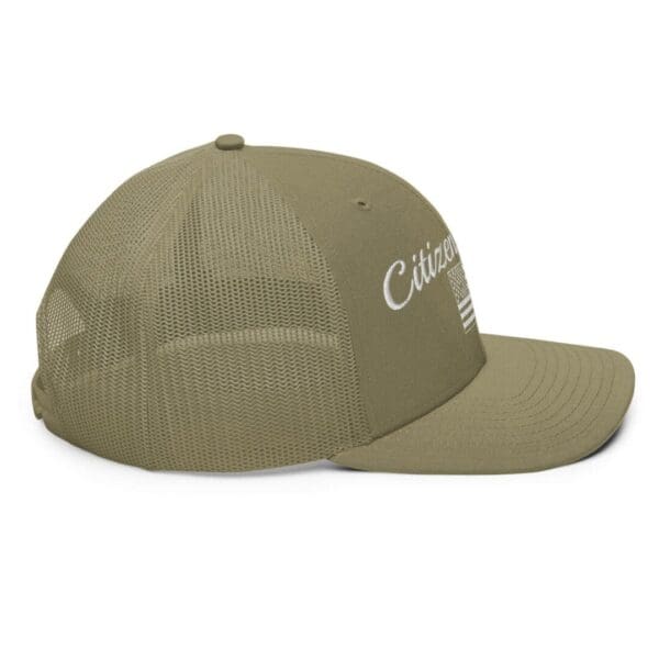 A 112 Snap Back Trucker Cap Citizens Army w/ Flag (White Font) with the word california on it.