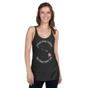 A woman wearing a Women's HAWAII Racerback Tank Top with a flag on it.