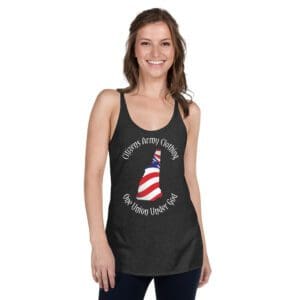 A woman wearing a Women's NEW HAMPSHIRE Racerback Tank Top with an american flag on it.