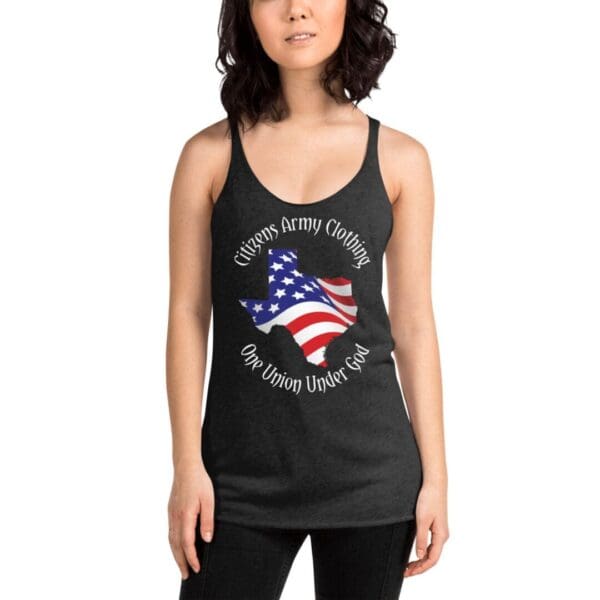 A woman wearing a Women's TEXAS Racerback tank top.