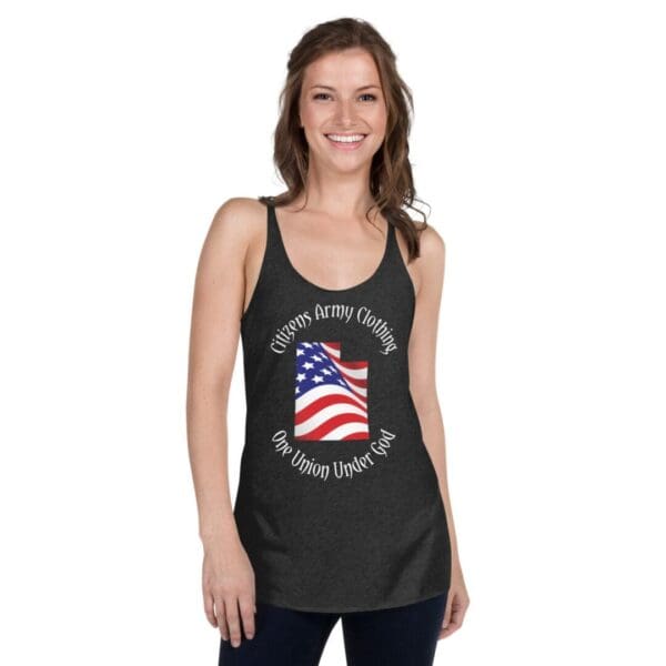 A woman wearing a Women's UTAH Racerback Tank Top.