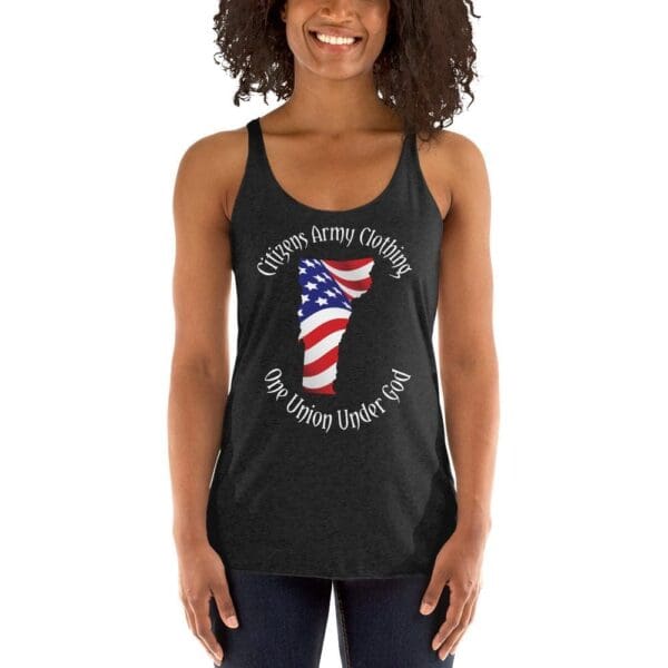 A woman wearing a Women's VERMONT Racerback Tank Top with an american flag on it.