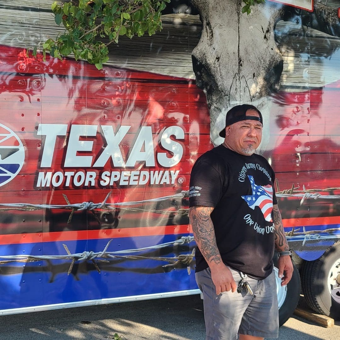 TEXAS Mario in fron of Texas Motor Speedway